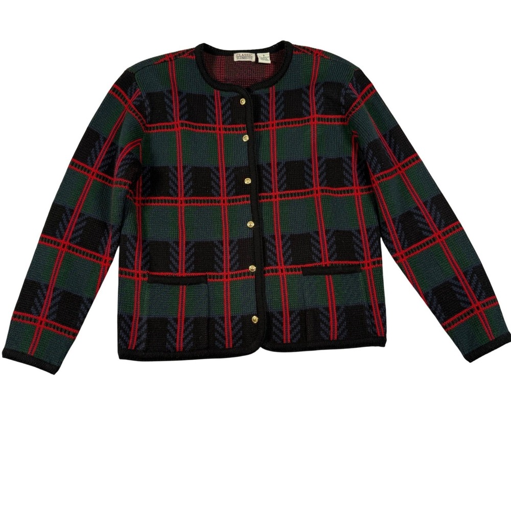 Vintage 90s Classic Elements Plaid Cardigan Sweater Christmas Party Small